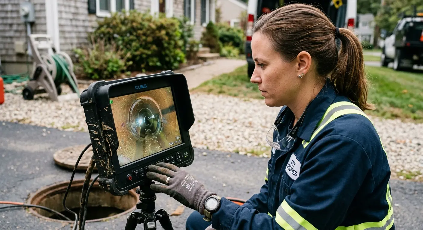 Technician reviewing sewer camera inspection footage in Perinton