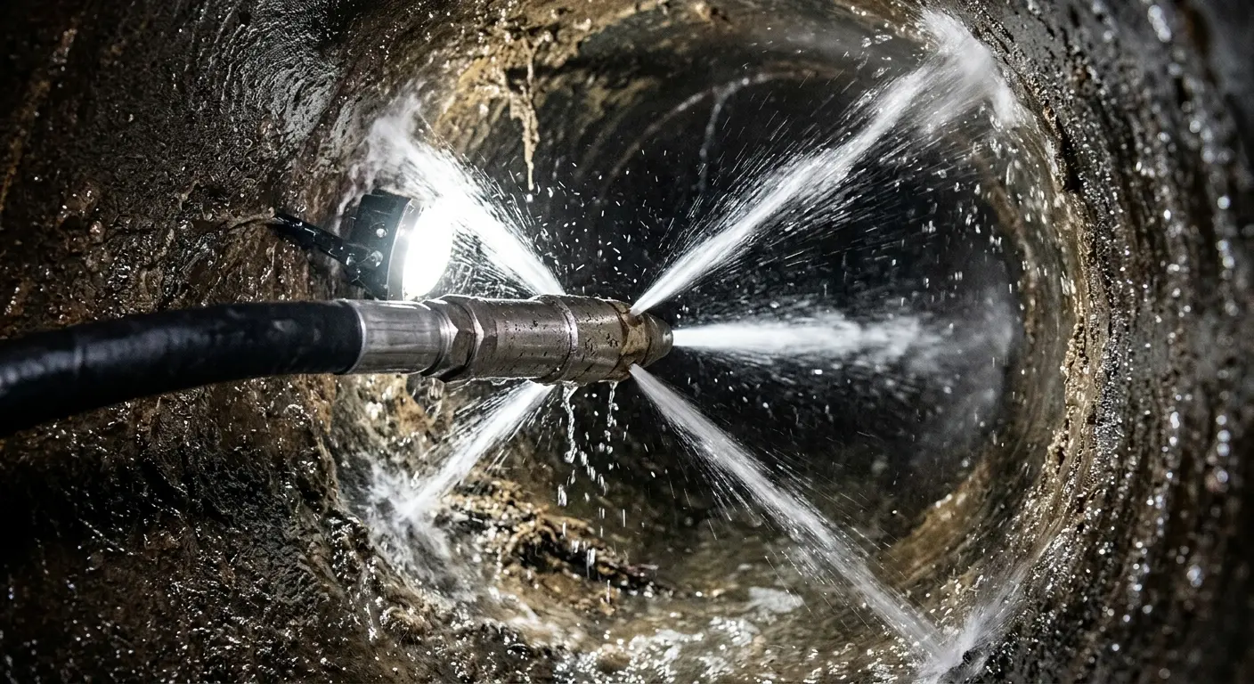 High-pressure hydro jetting nozzle cleaning sewer pipe for Emergency Drain Service in Perinton