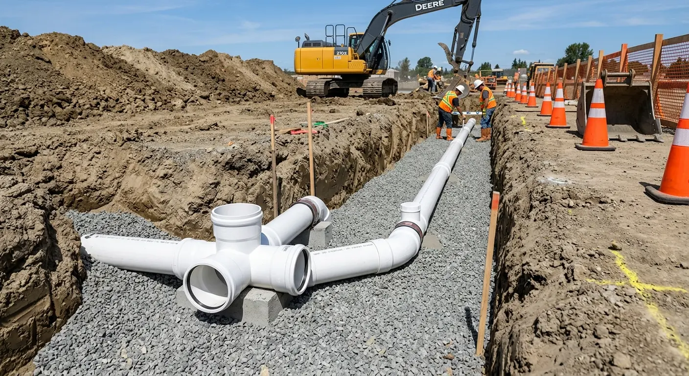 New PVC sewer pipe installation in open trench for Sewer Backup in Perinton