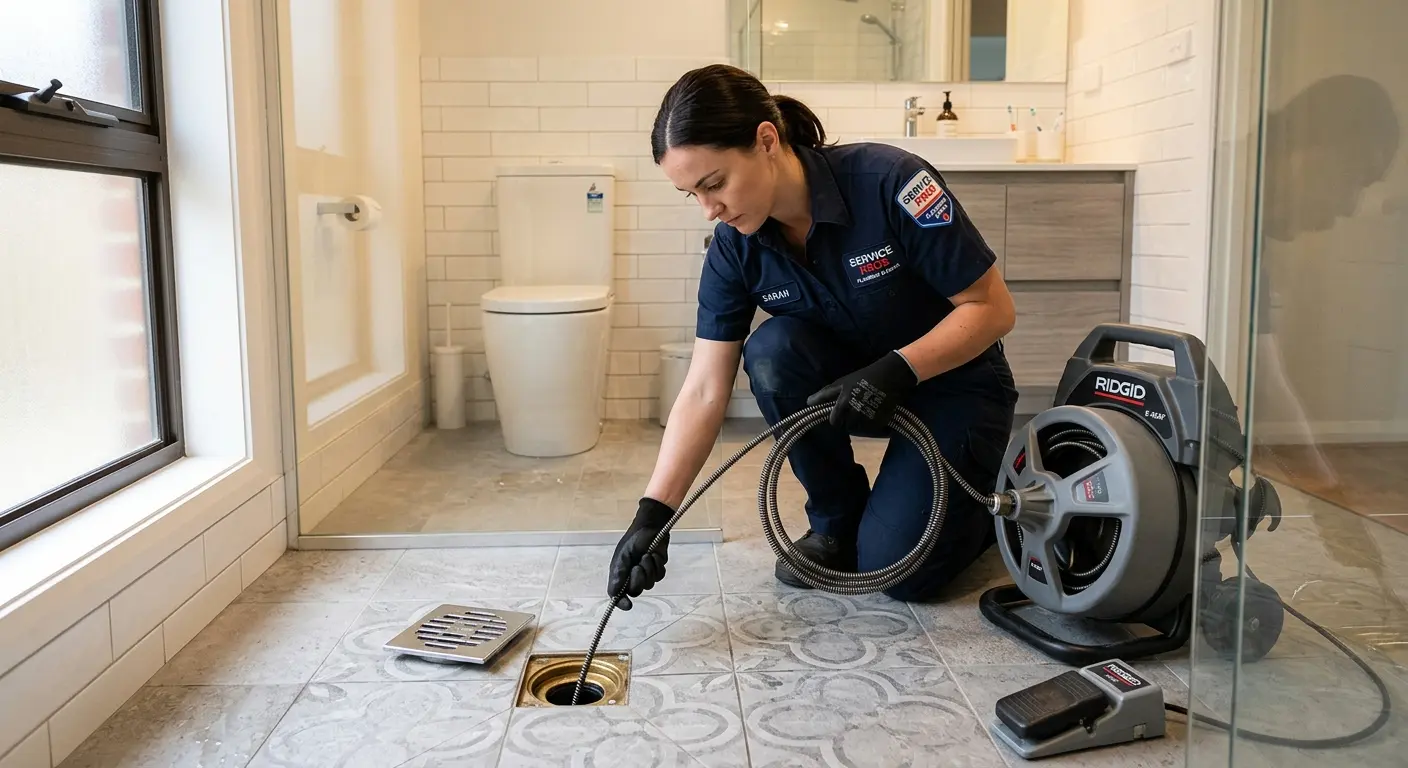 Technician clearing a bathroom floor drain for Drain Cleaning in Perinton